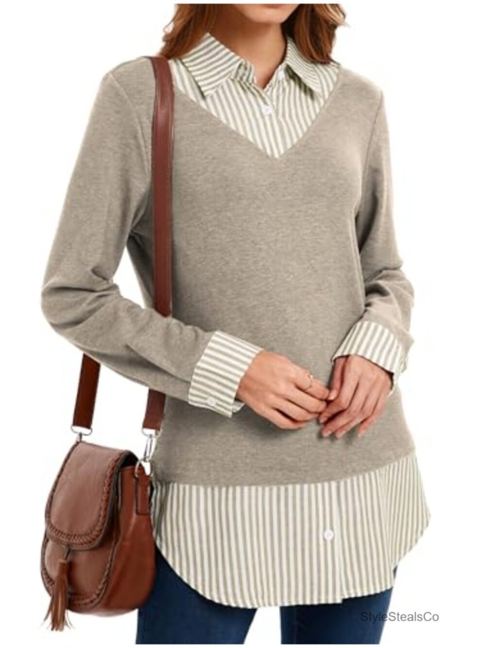 Women's Collared Curved Hem Pullover Tunic Plaid Contrast Blouse